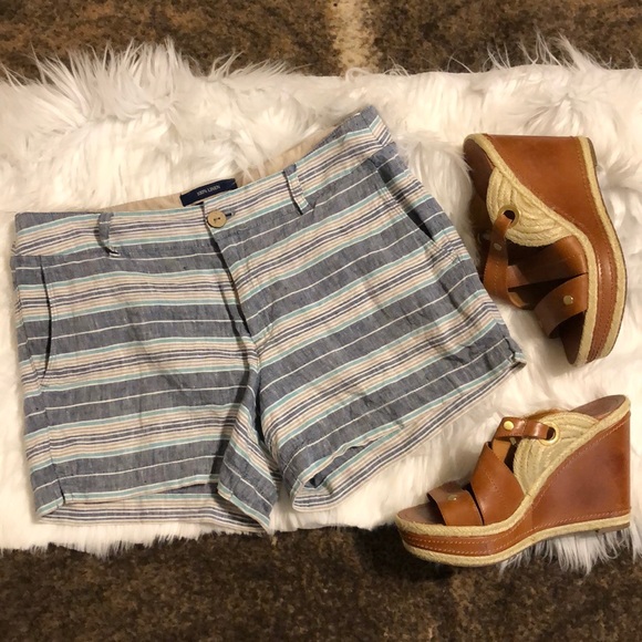 British Khaki Pants - British Khaki blue tan striped linen shorts 4